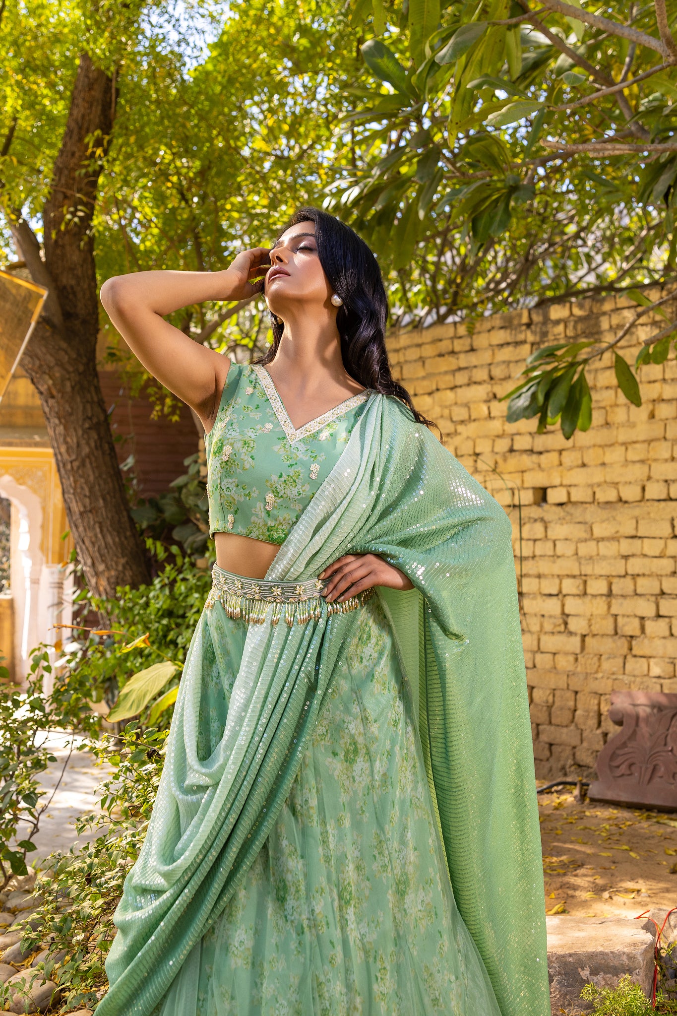 Green pre drape lehenga saree