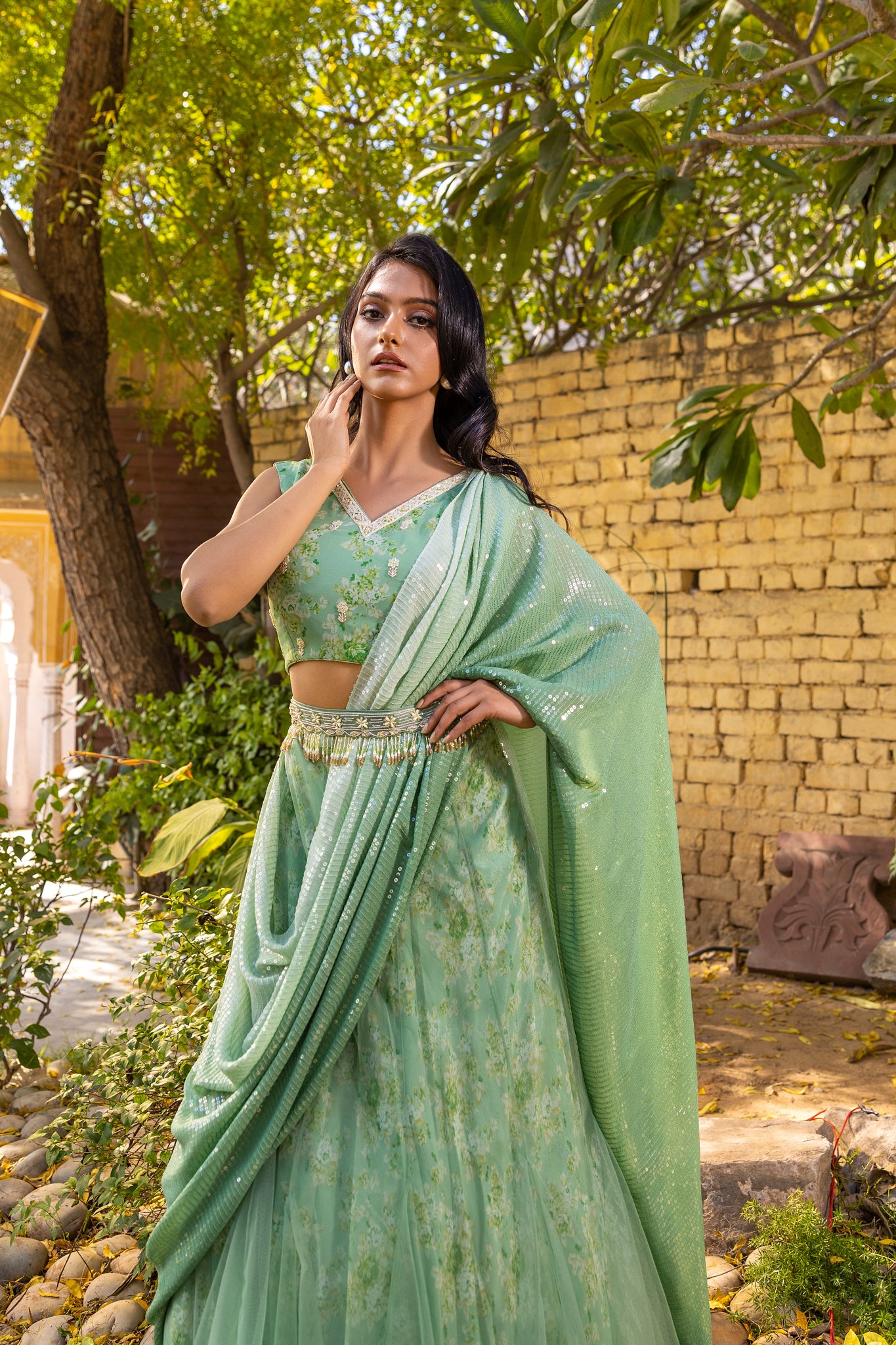 Green pre drape lehenga saree