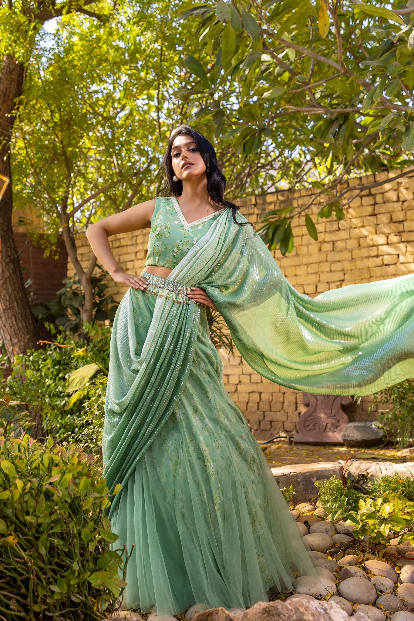 Green pre drape lehenga saree