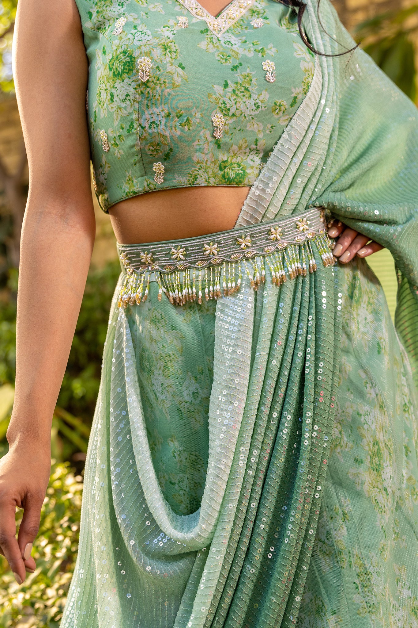 Green pre drape lehenga saree