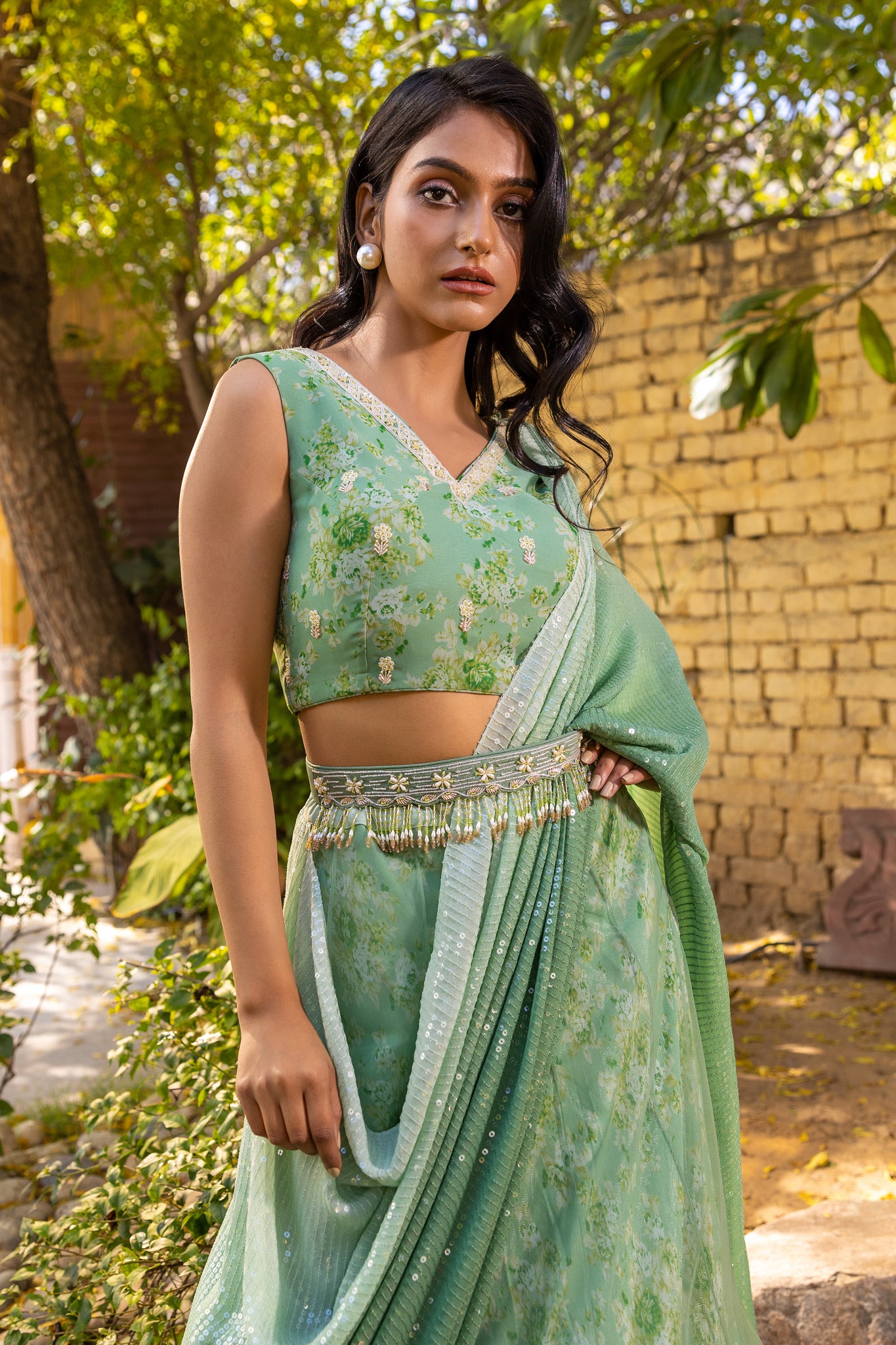 Green pre drape lehenga saree