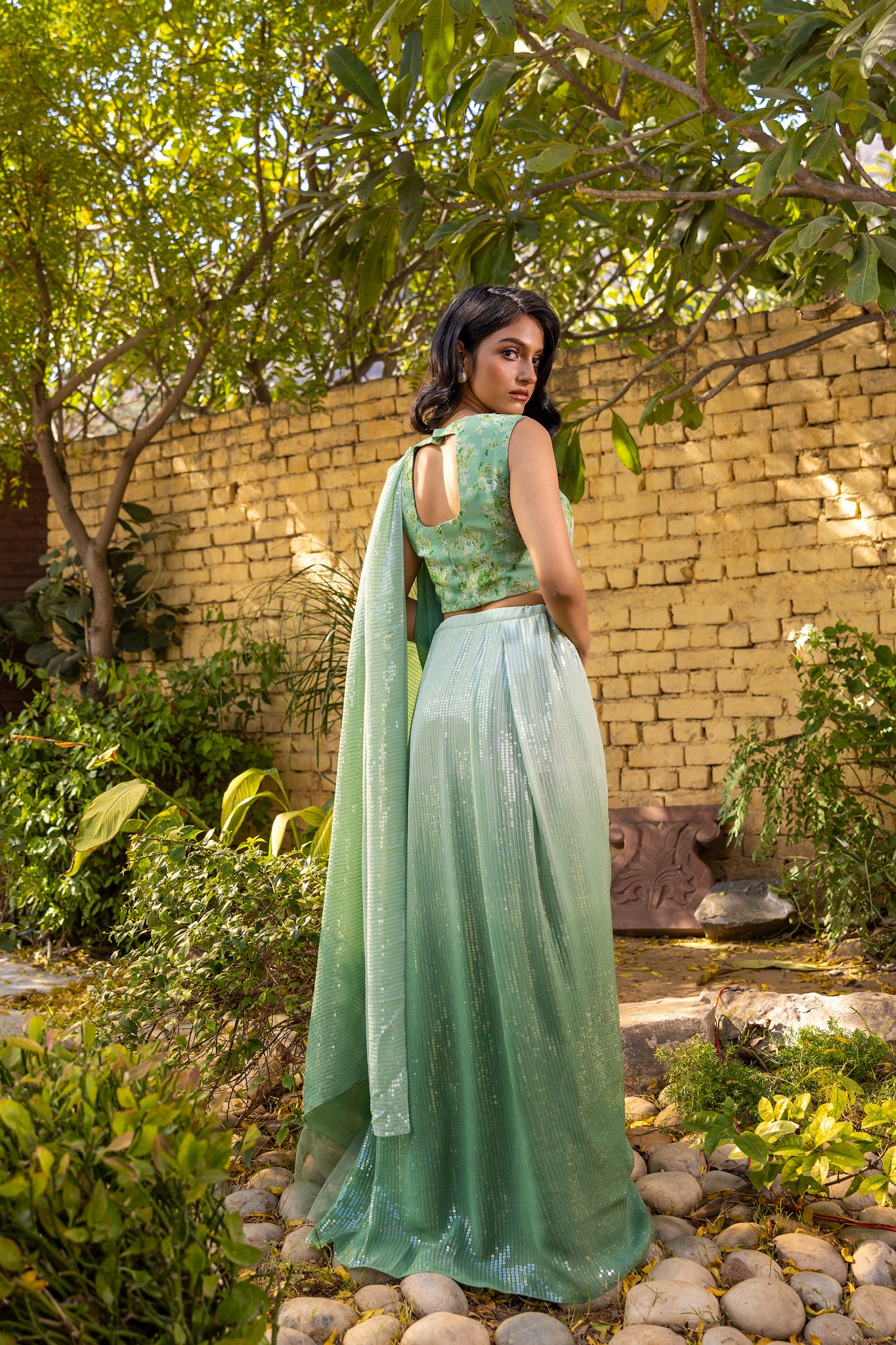 Green pre drape lehenga saree