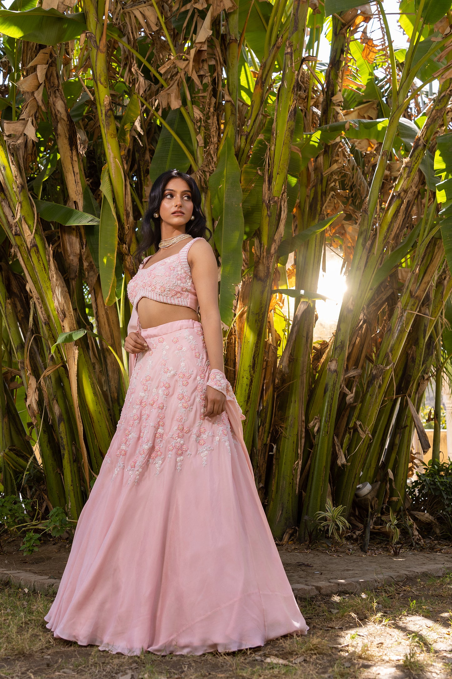 Pink thread work lehenga set