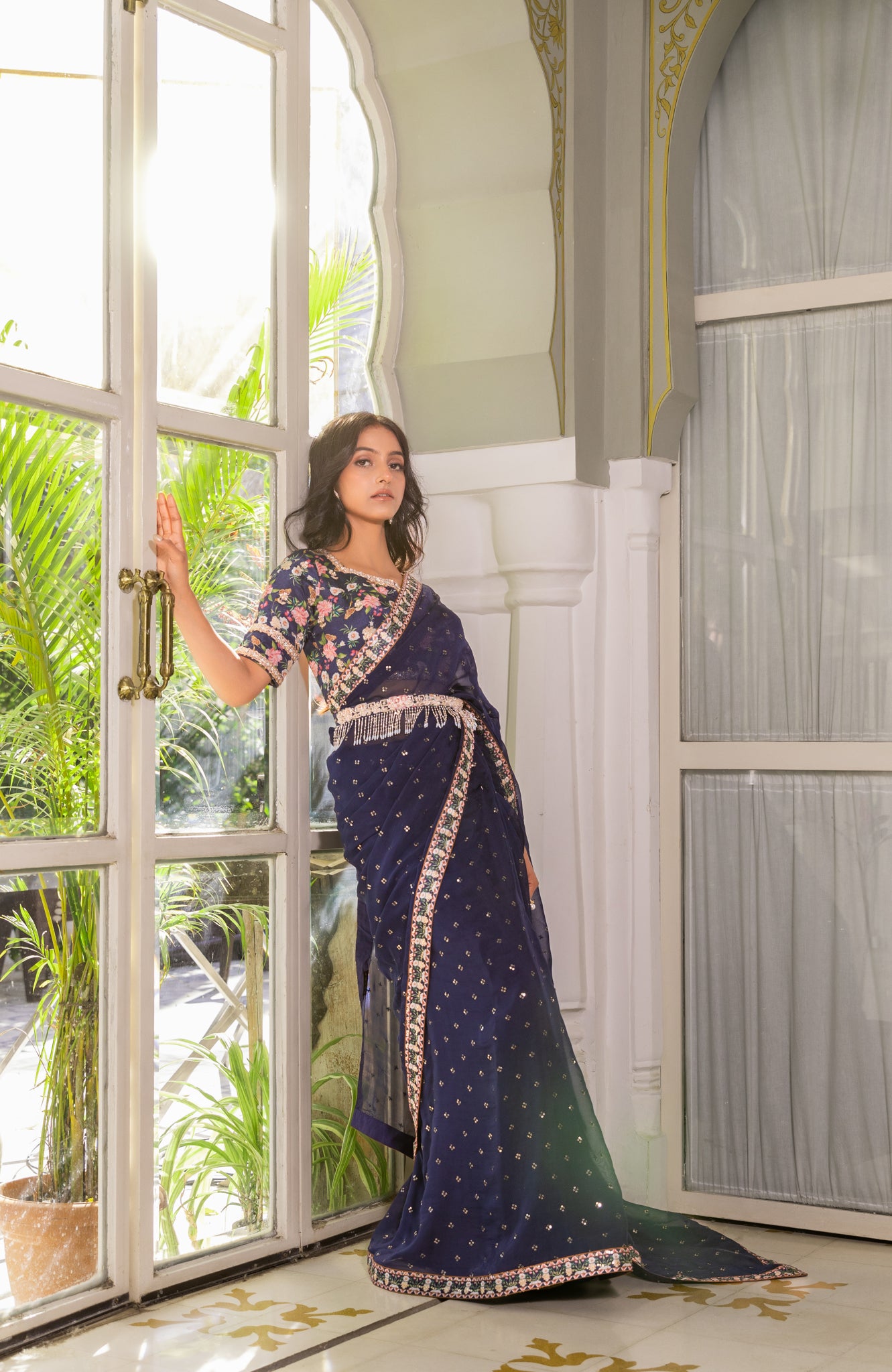 Blue tie up saree