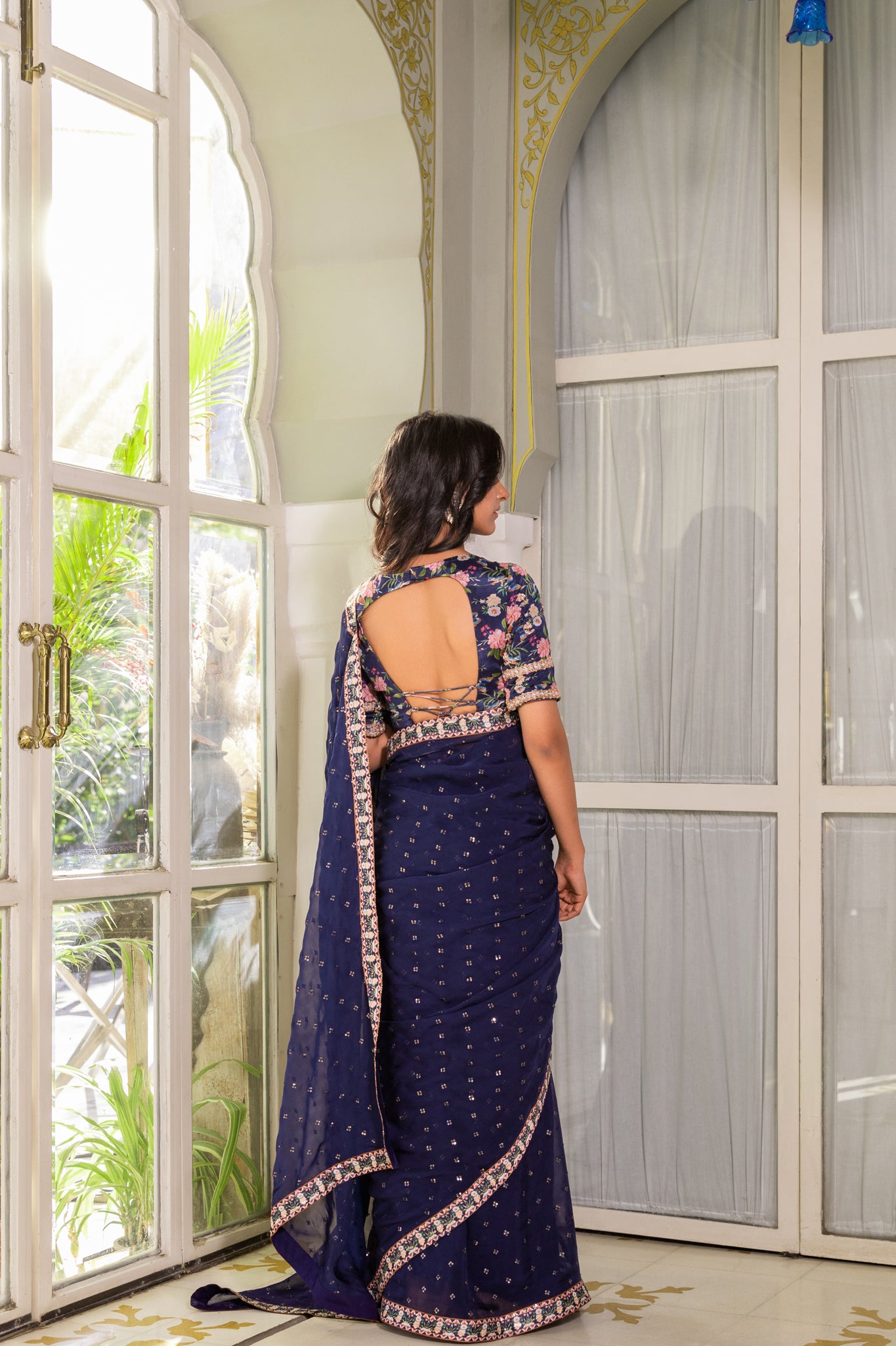 Blue tie up saree