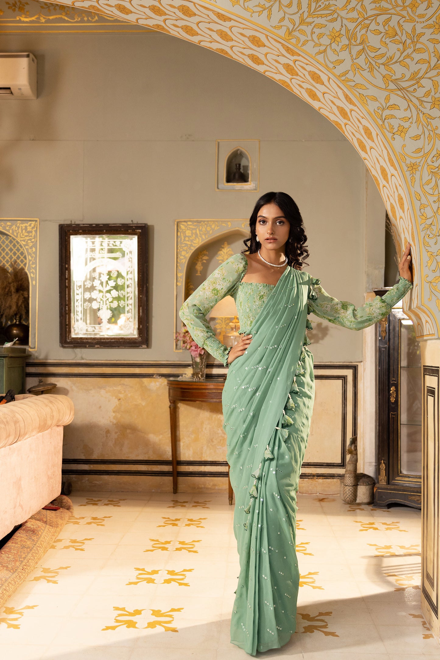 Green Smoking Pre drape saree