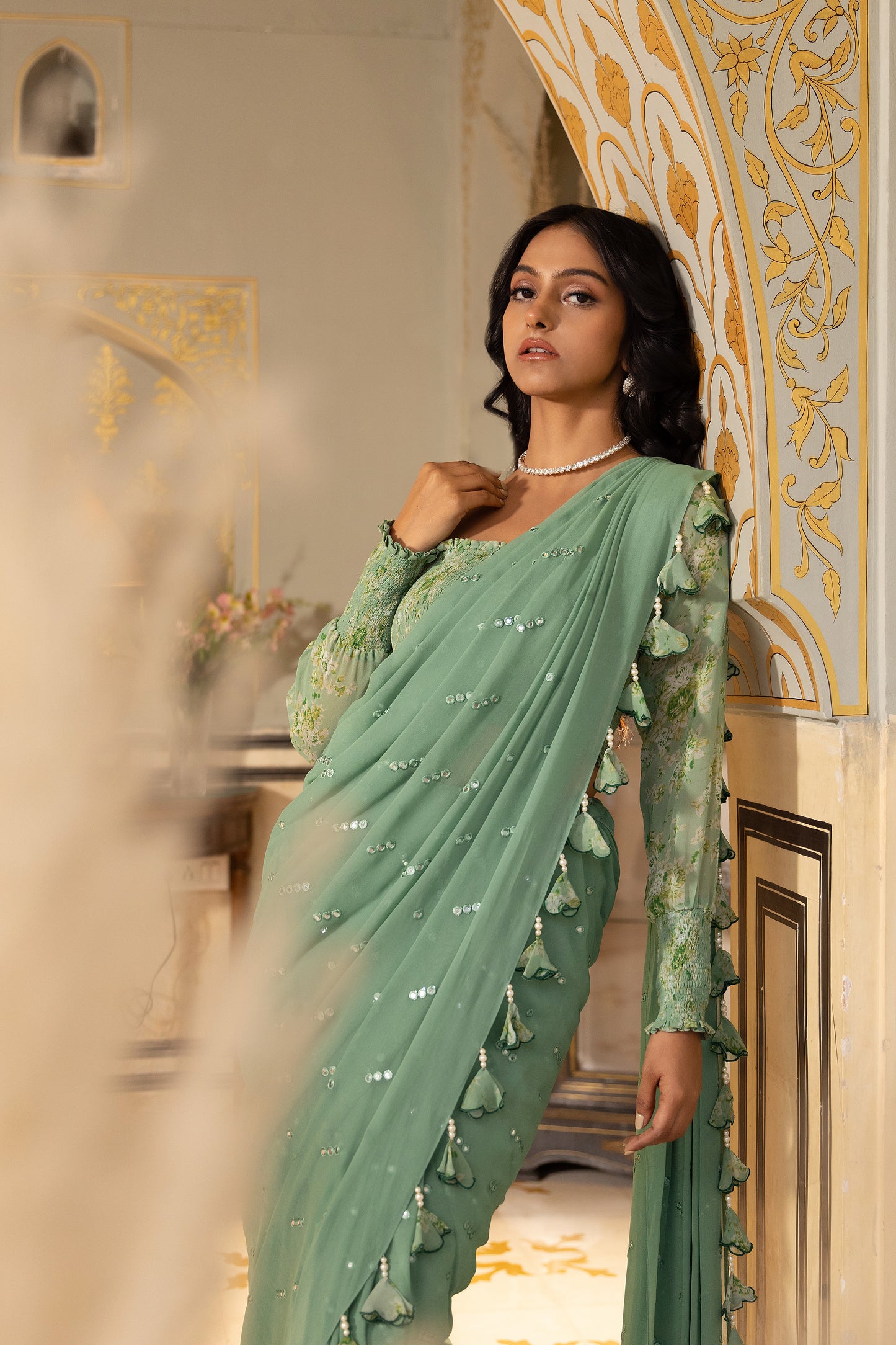 Green Smoking Pre drape saree