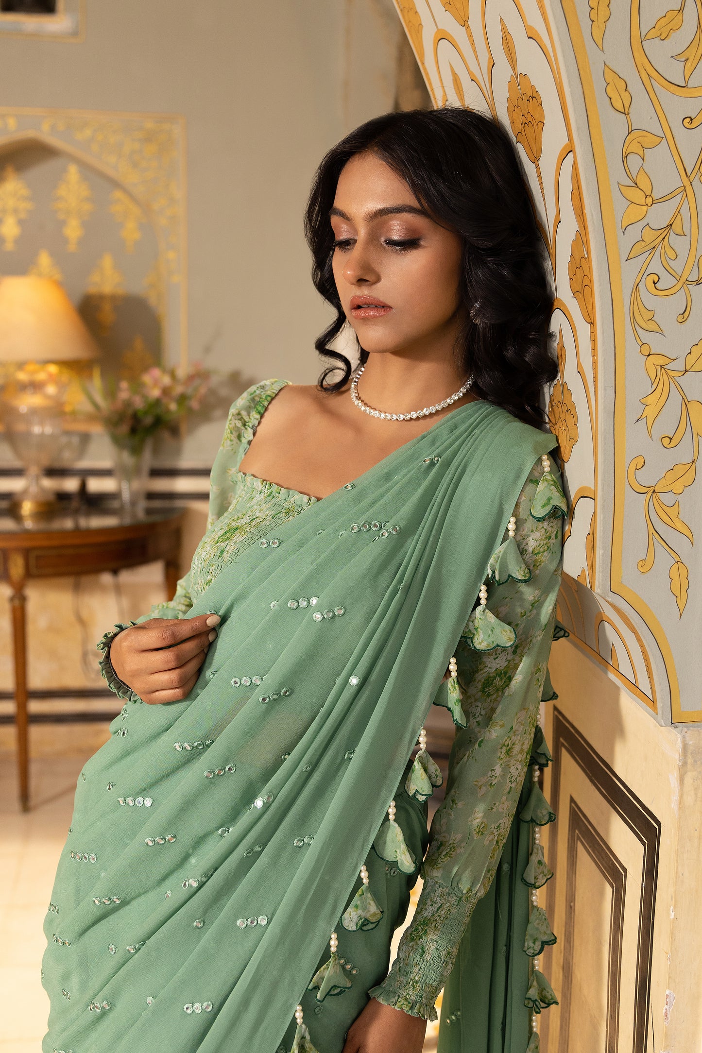 Green Smoking Pre drape saree