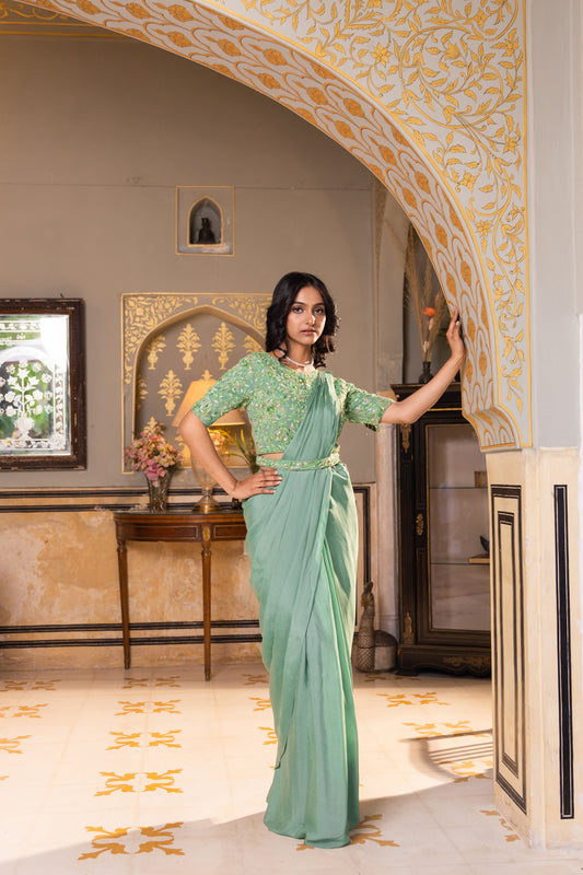 Green Pre drape saree with attached belt