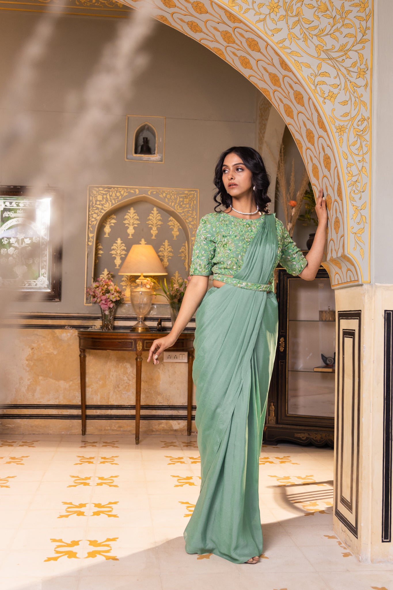 Green Pre drape saree with attached belt