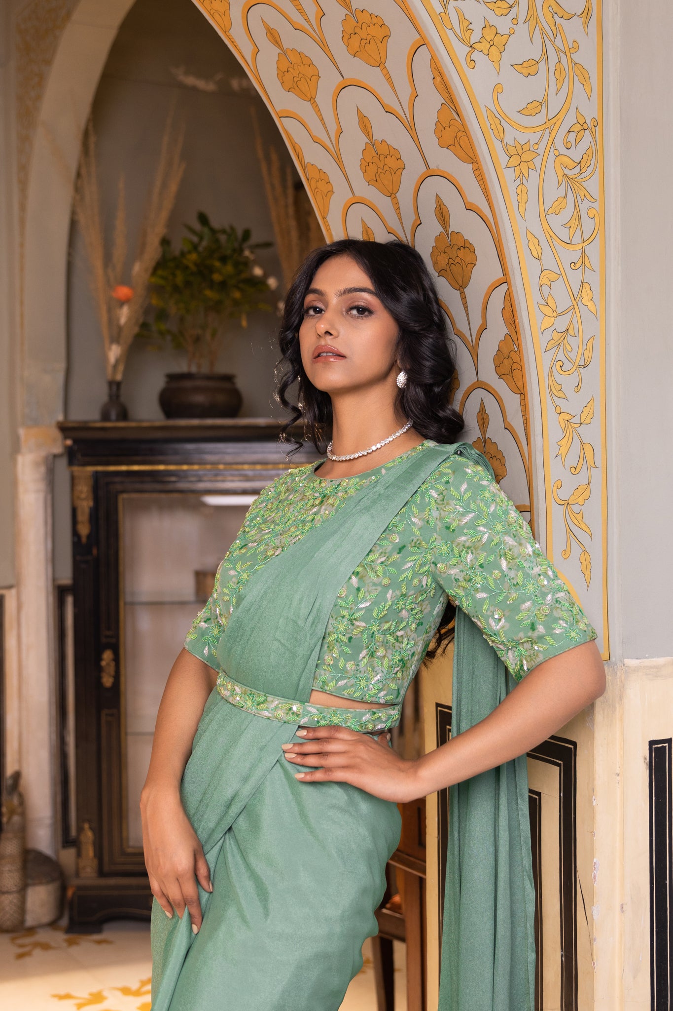 Green Pre drape saree with attached belt