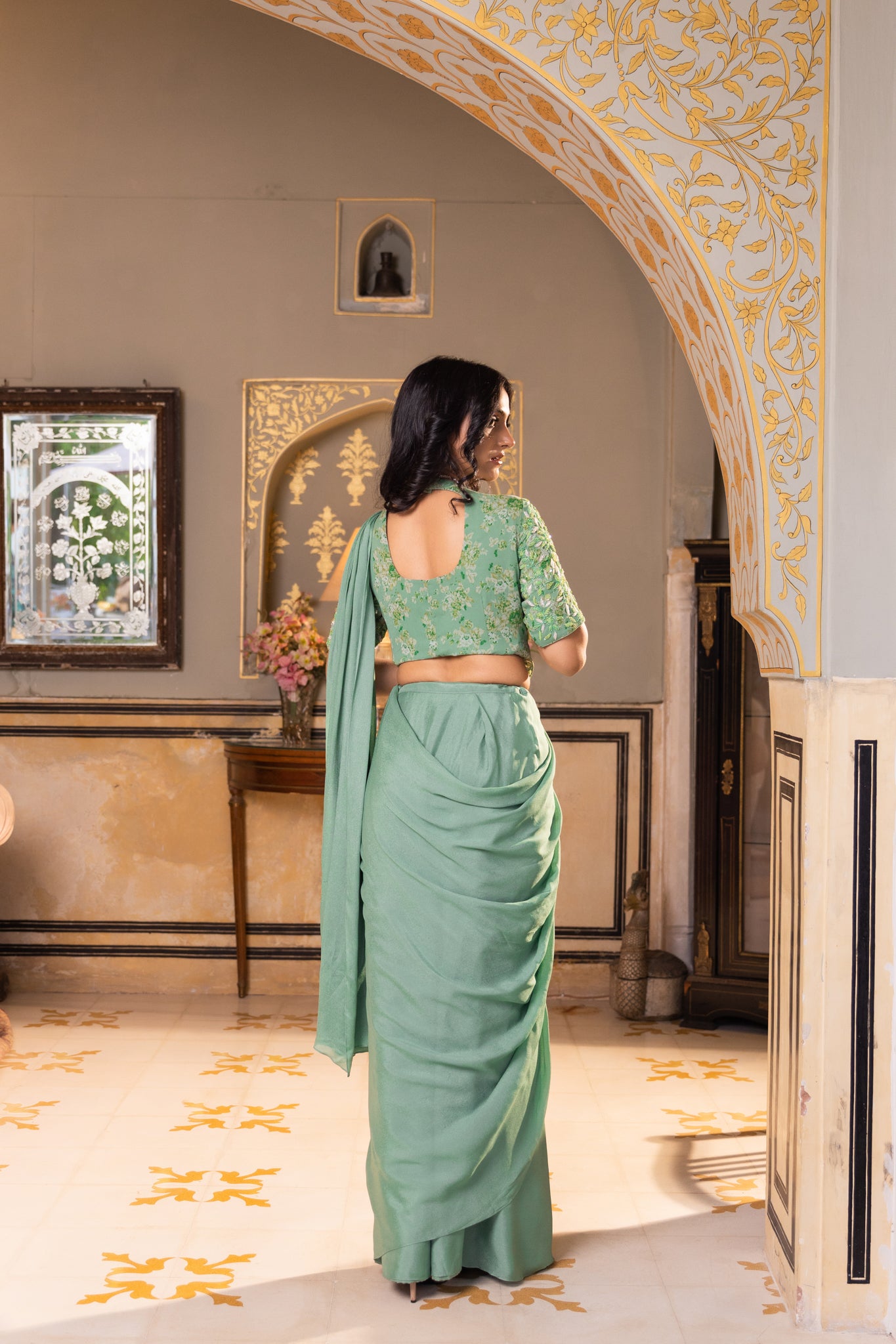 Green Pre drape saree with attached belt