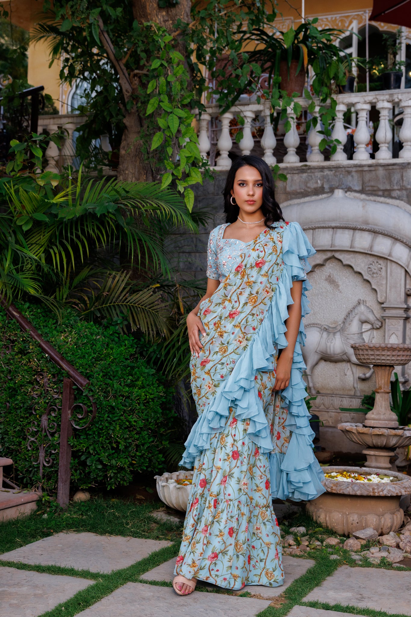 Powder blue ruffle saree