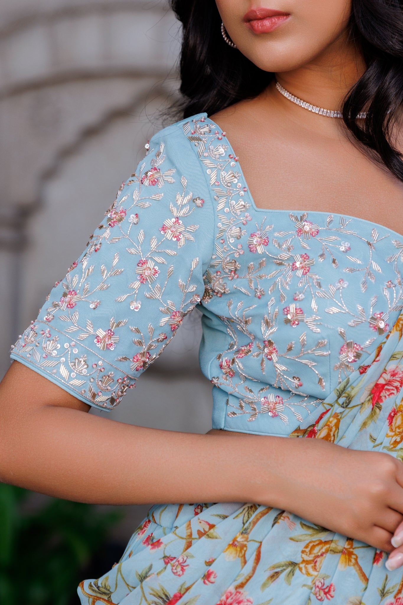 Powder blue ruffle saree