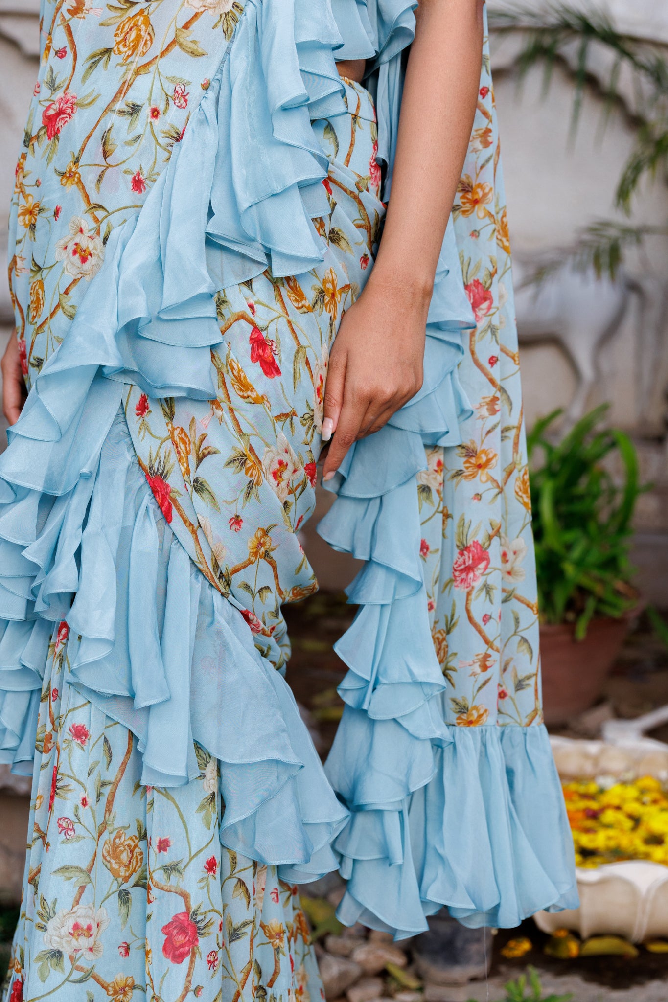 Powder blue ruffle saree