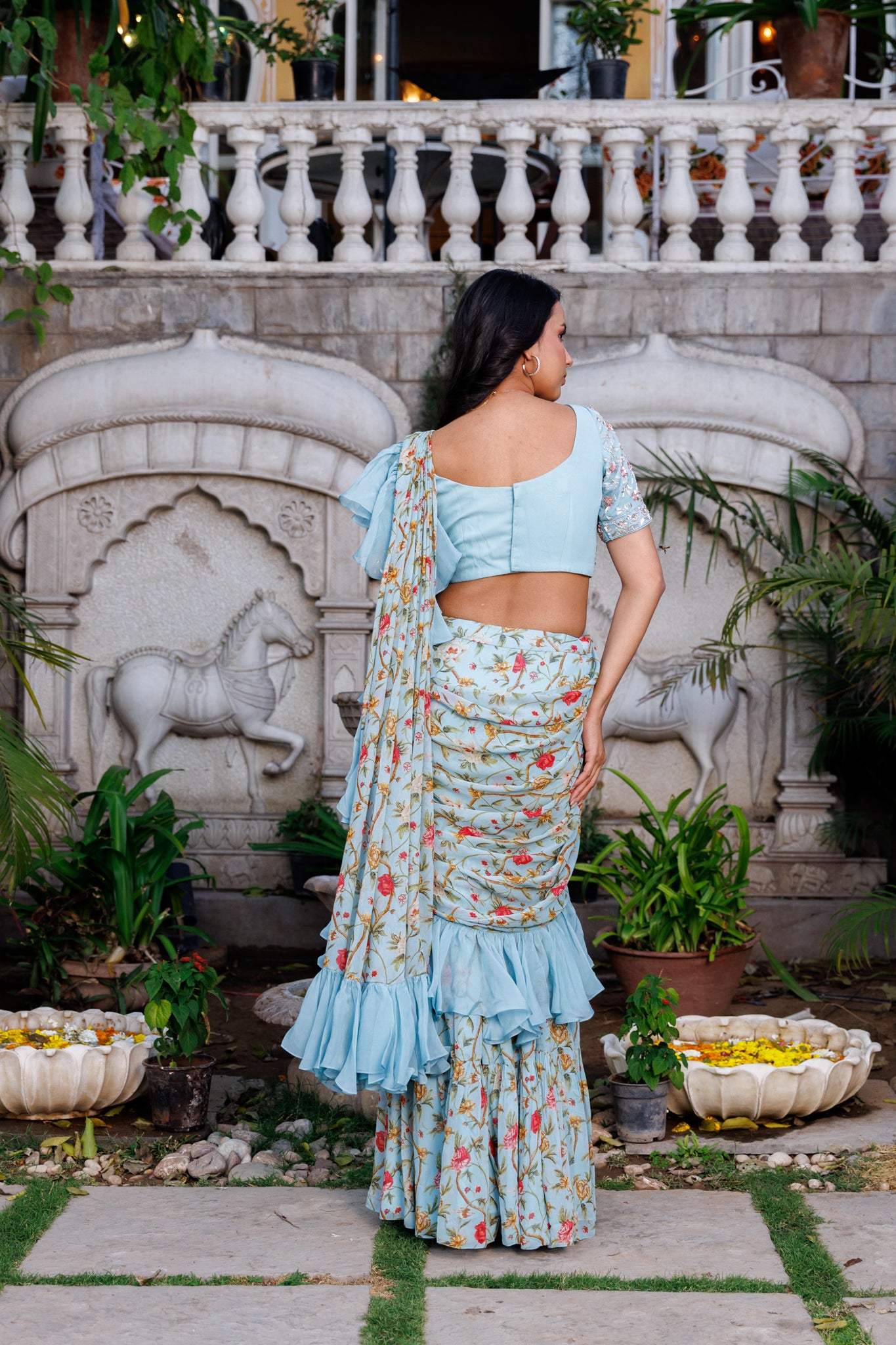 Powder blue ruffle saree