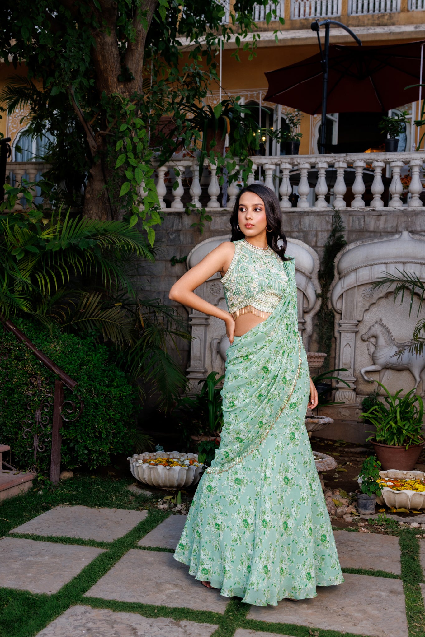 Green fit cut Pre drape saree