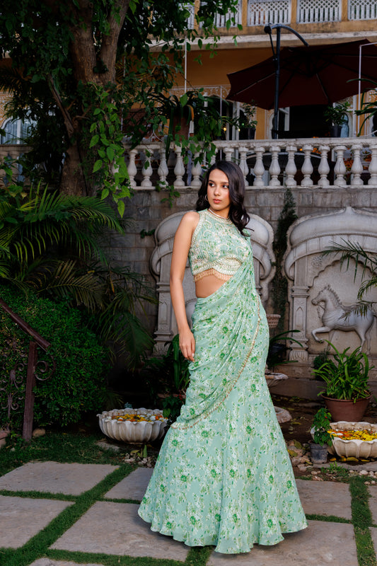 Green fit cut Pre drape saree