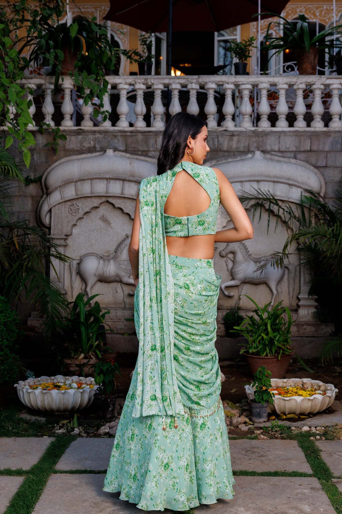 Green fit cut Pre drape saree
