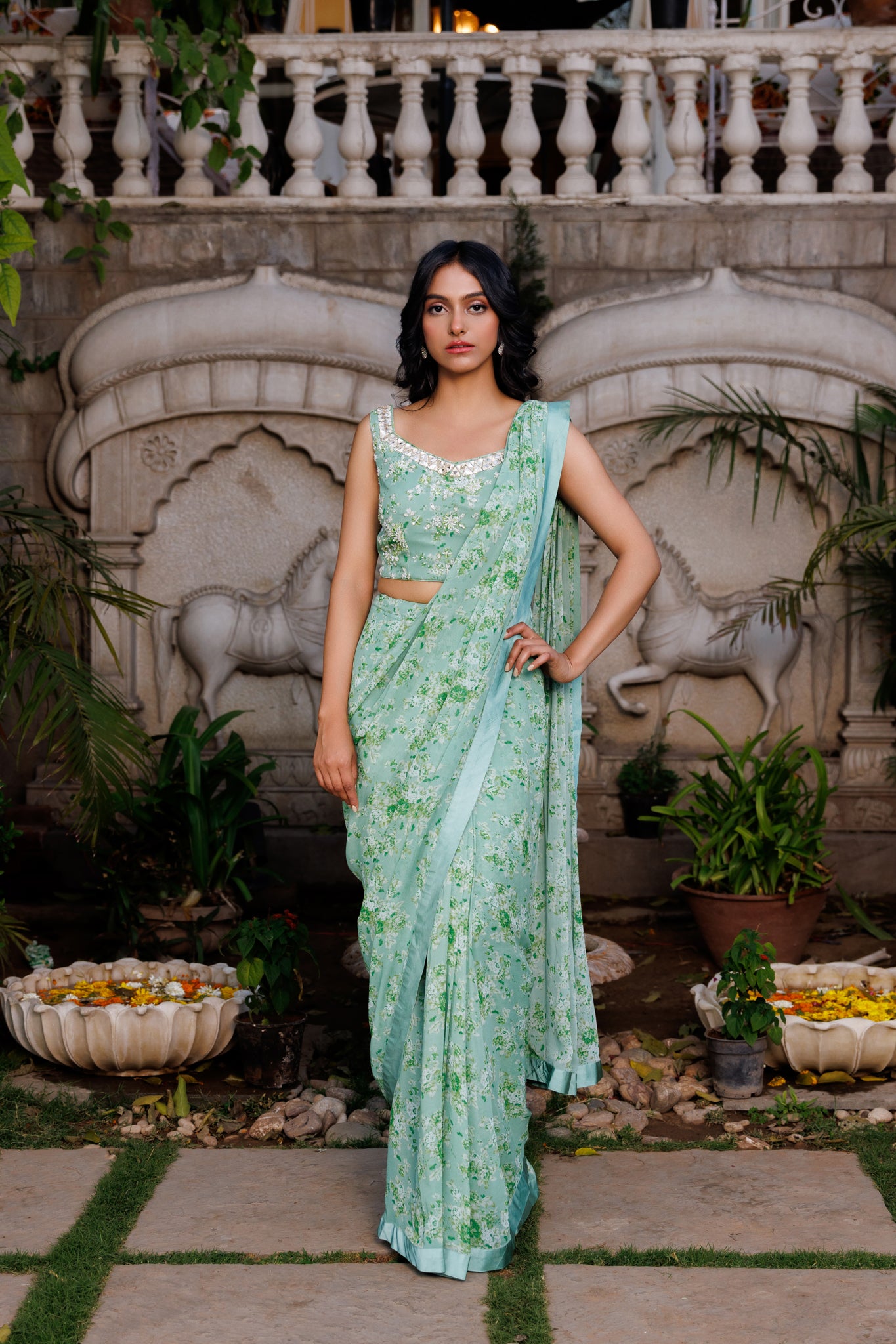 Green Pre drape saree