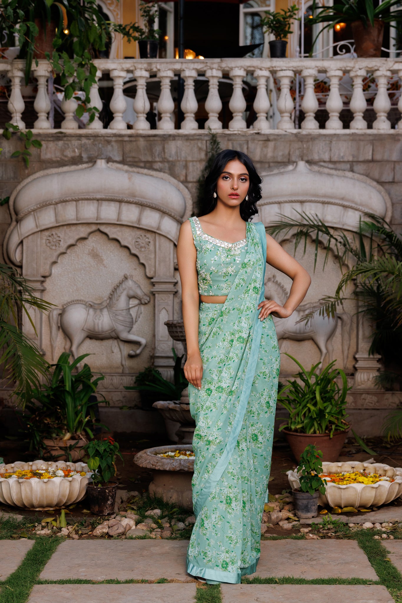 Green Pre drape saree