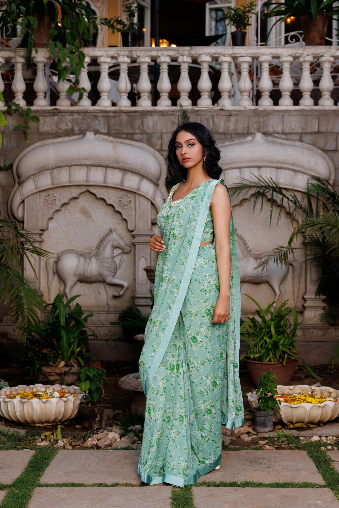 Green Pre drape saree