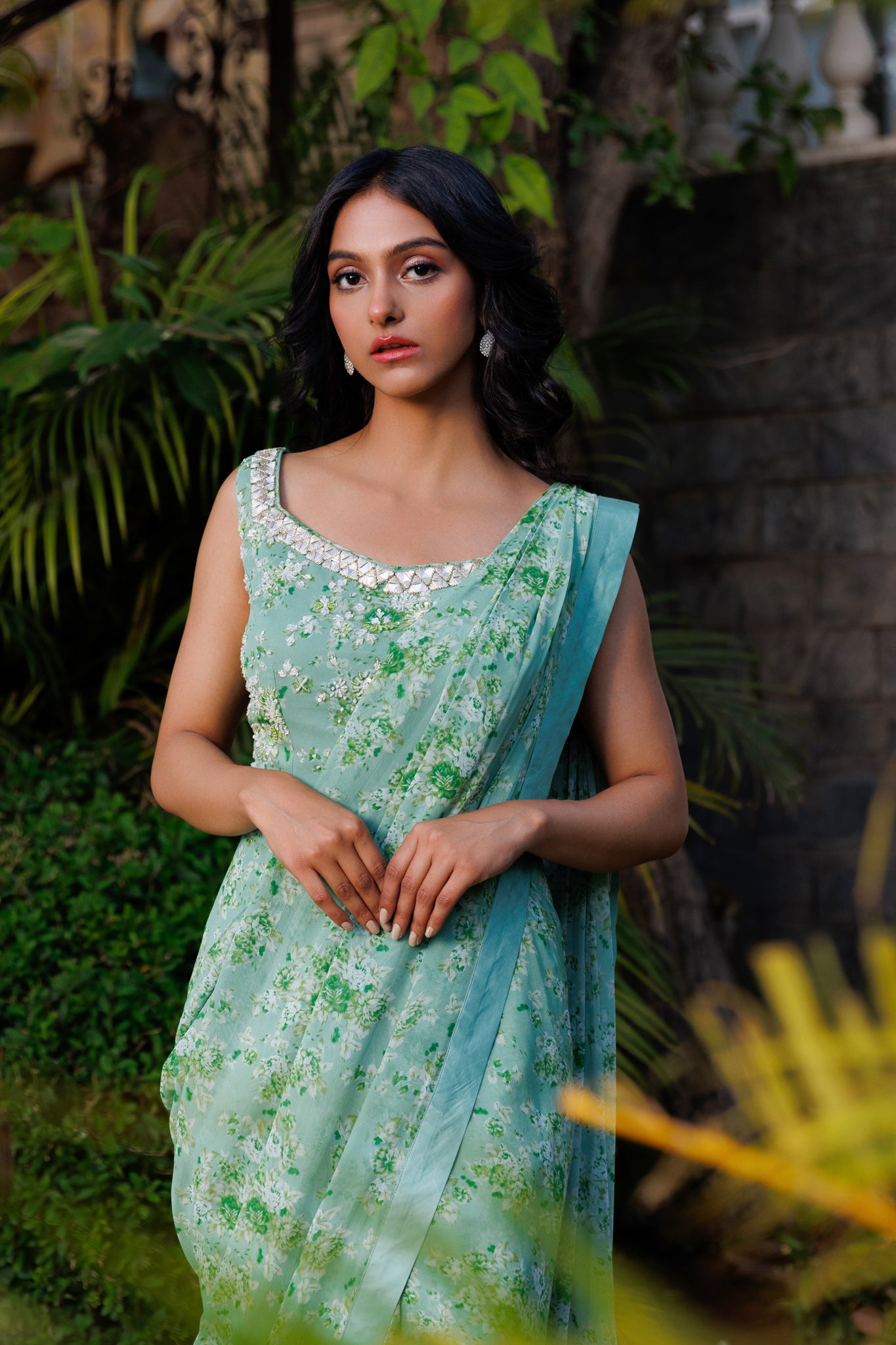 Green Pre drape saree