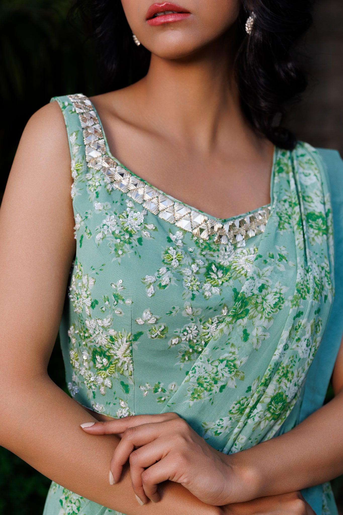 Green Pre drape saree