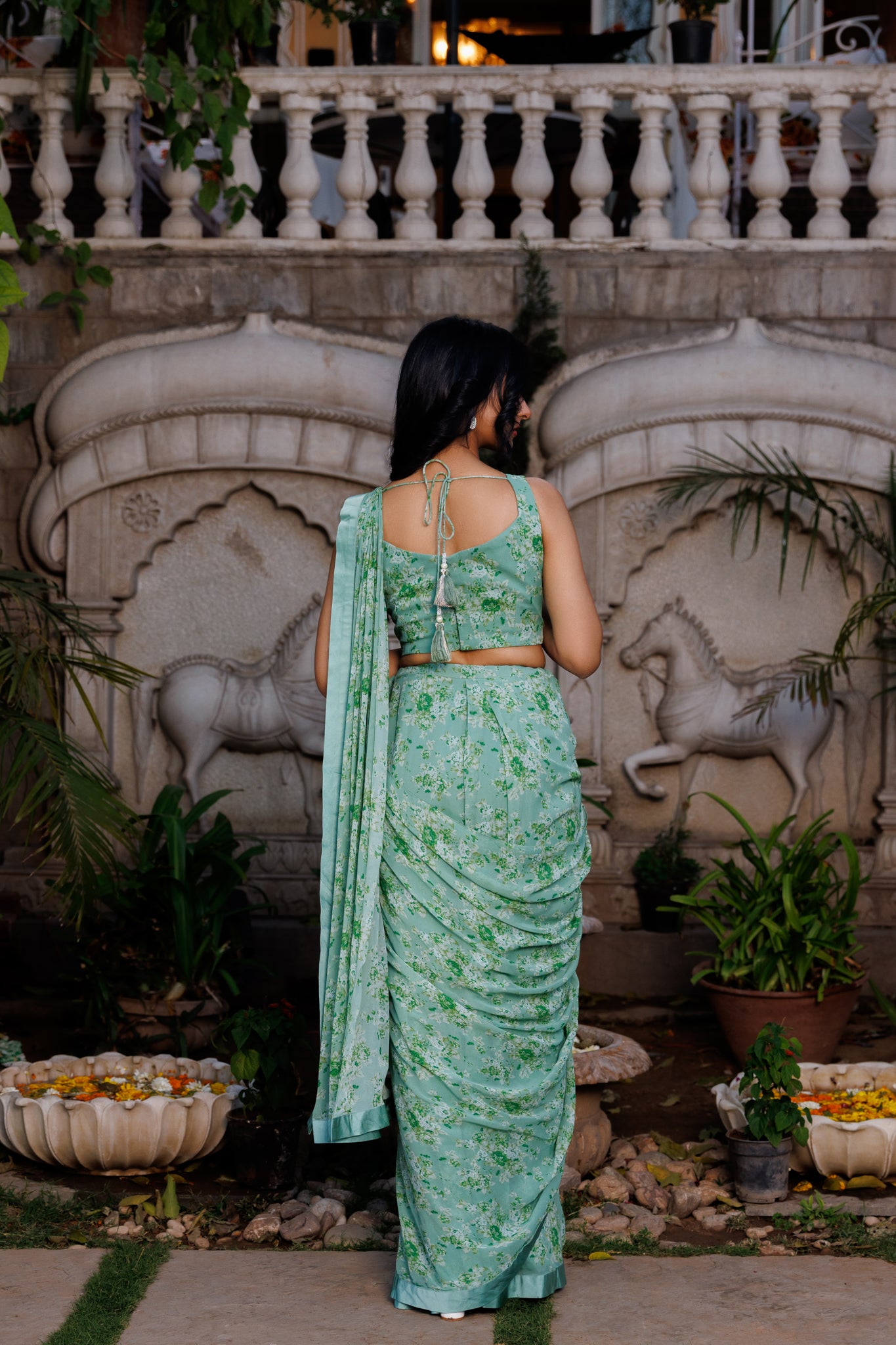 Green Pre drape saree