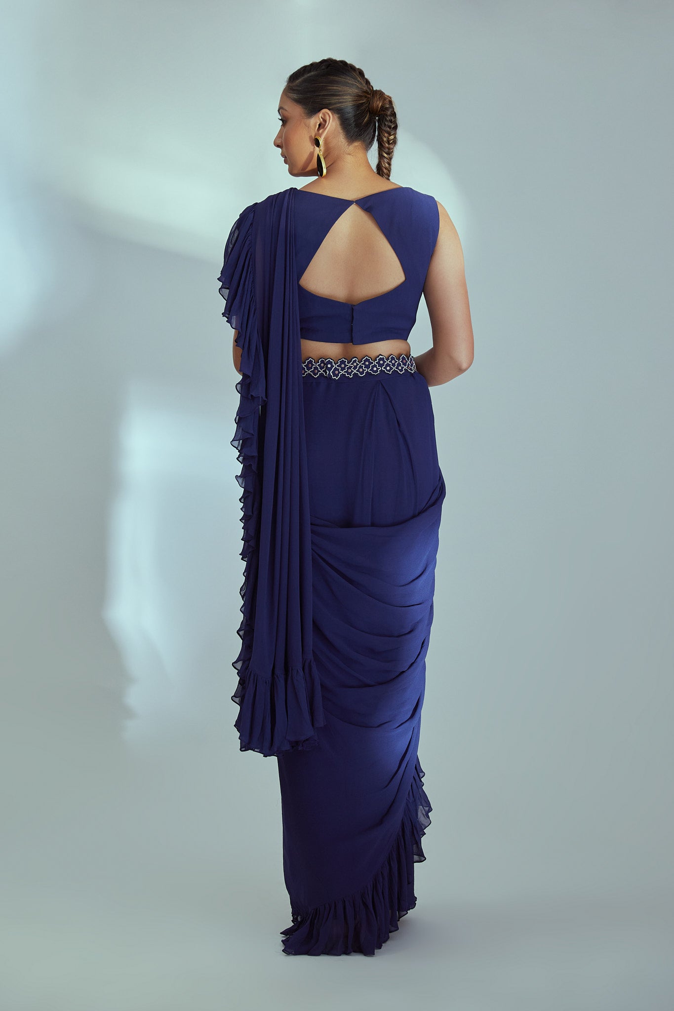 Blue pre drape ruffle saree set