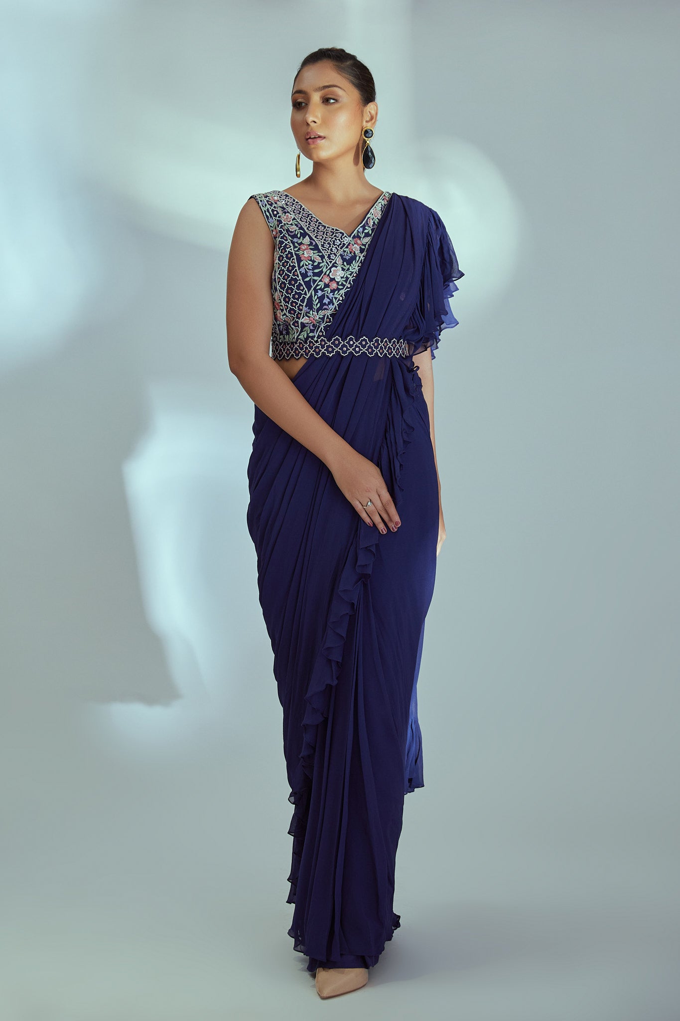 Blue pre drape ruffle saree set
