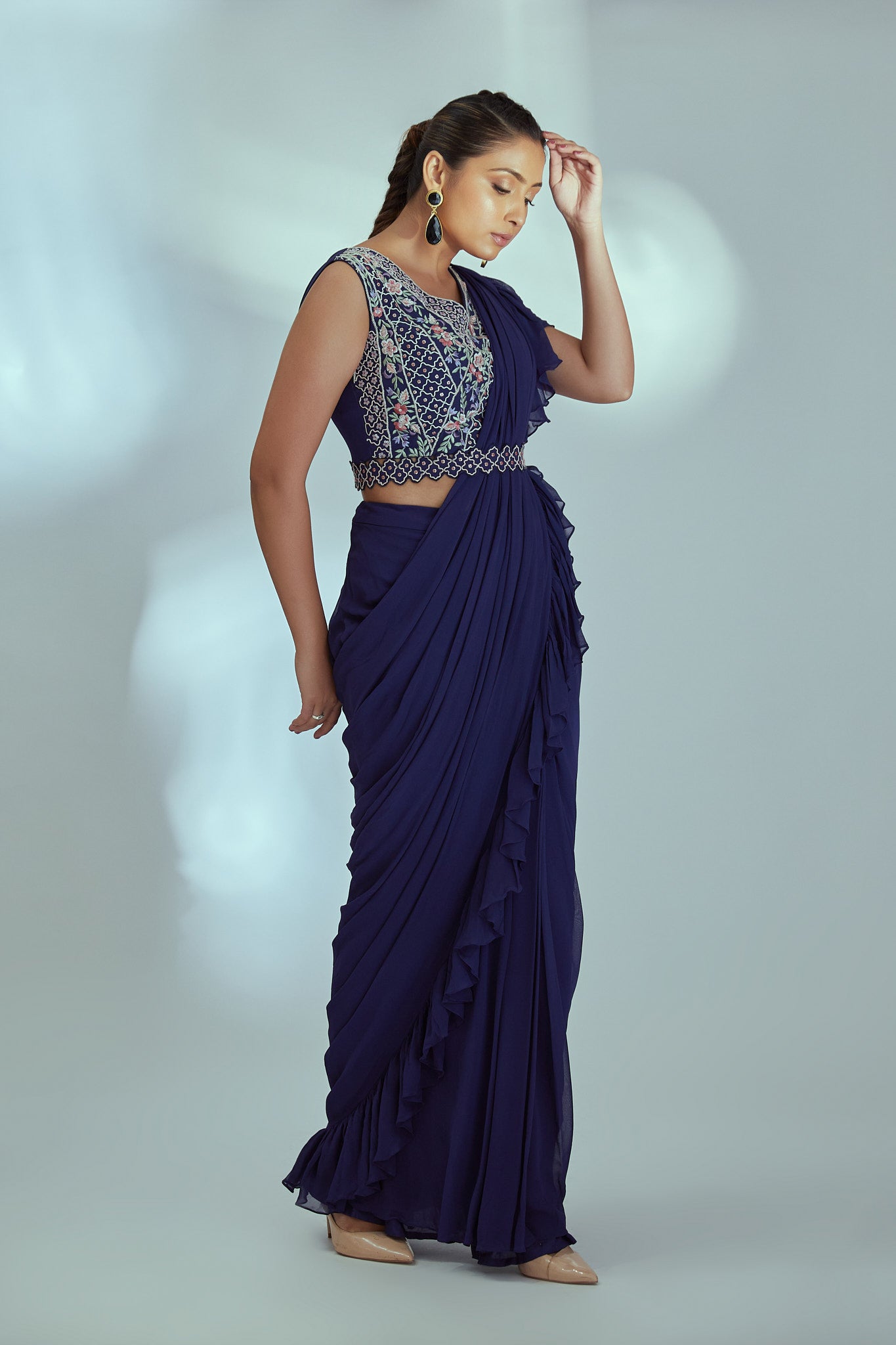 Blue pre drape ruffle saree set