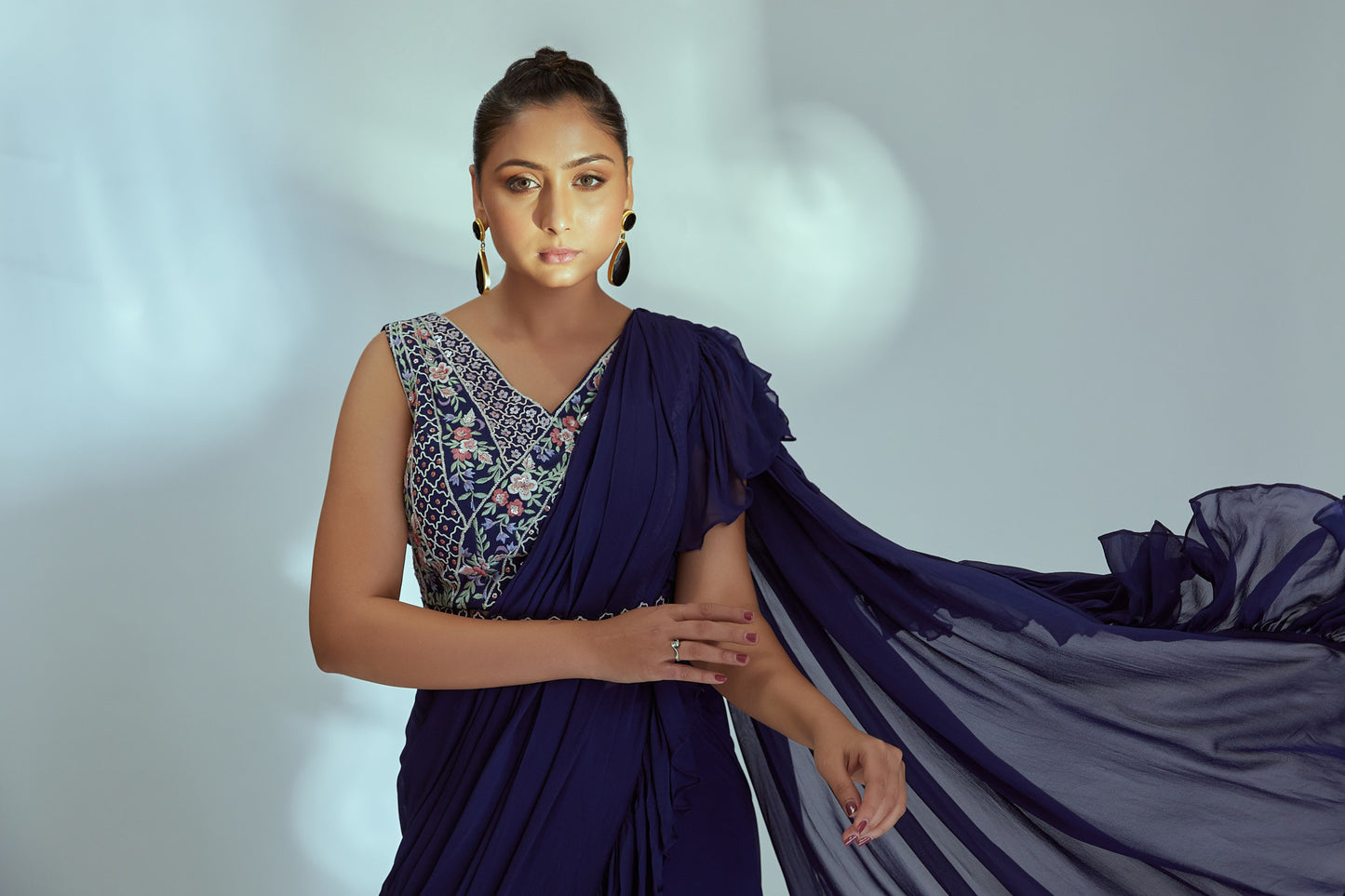 Blue pre drape ruffle saree set