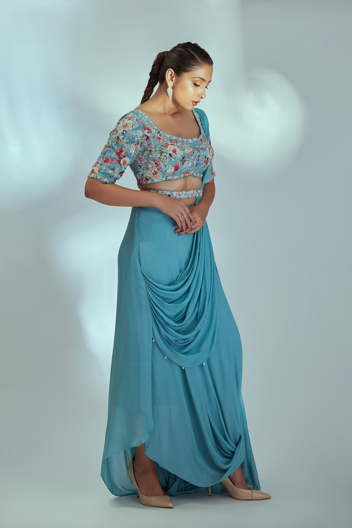 Blue pre drape skirt saree
