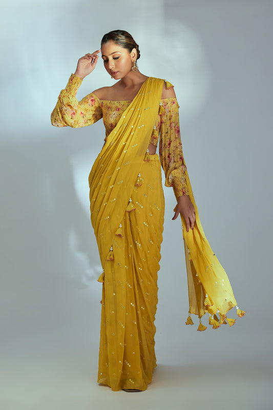 Smoking yellow pre drape saree