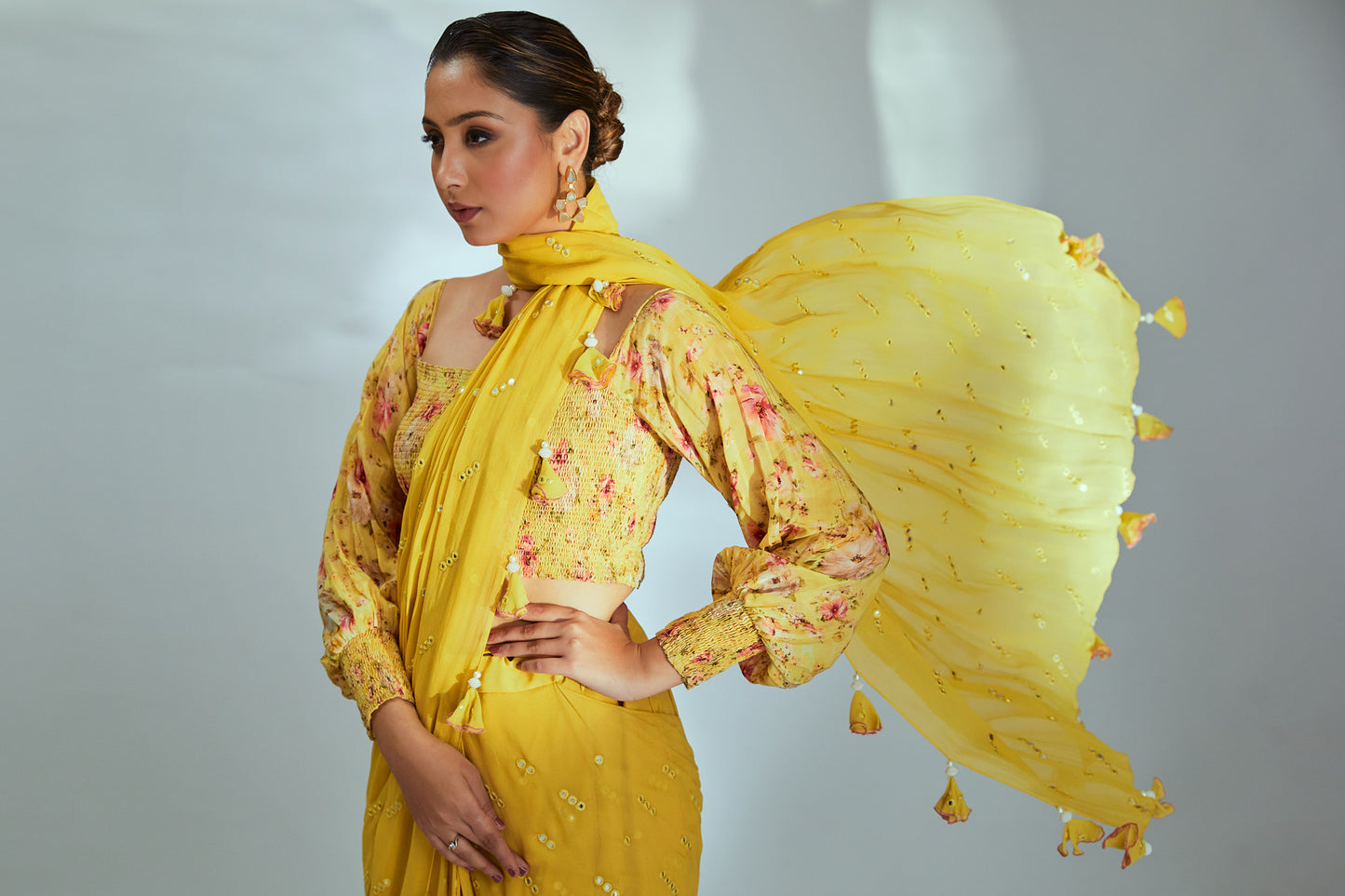 Smoking yellow pre drape saree