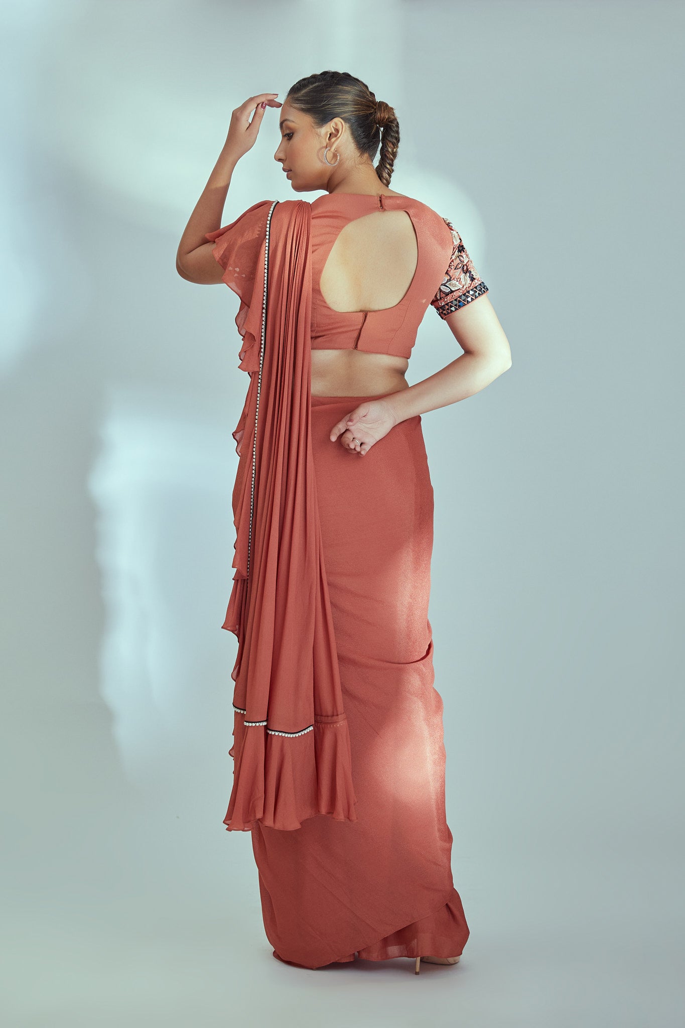 Rust orange pre drape saree