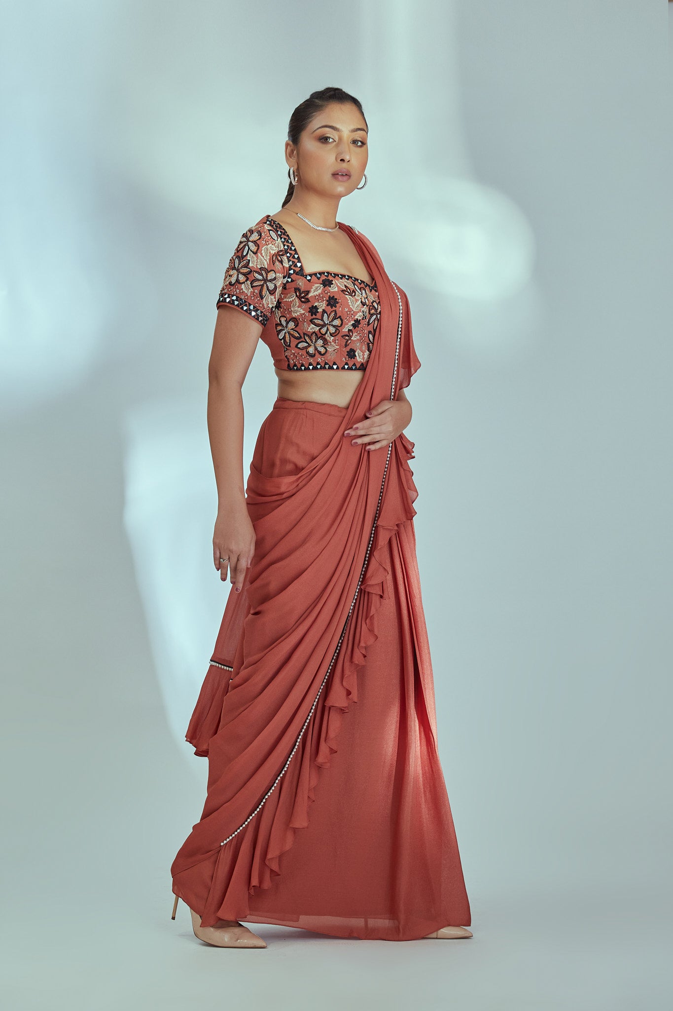 Rust orange pre drape saree