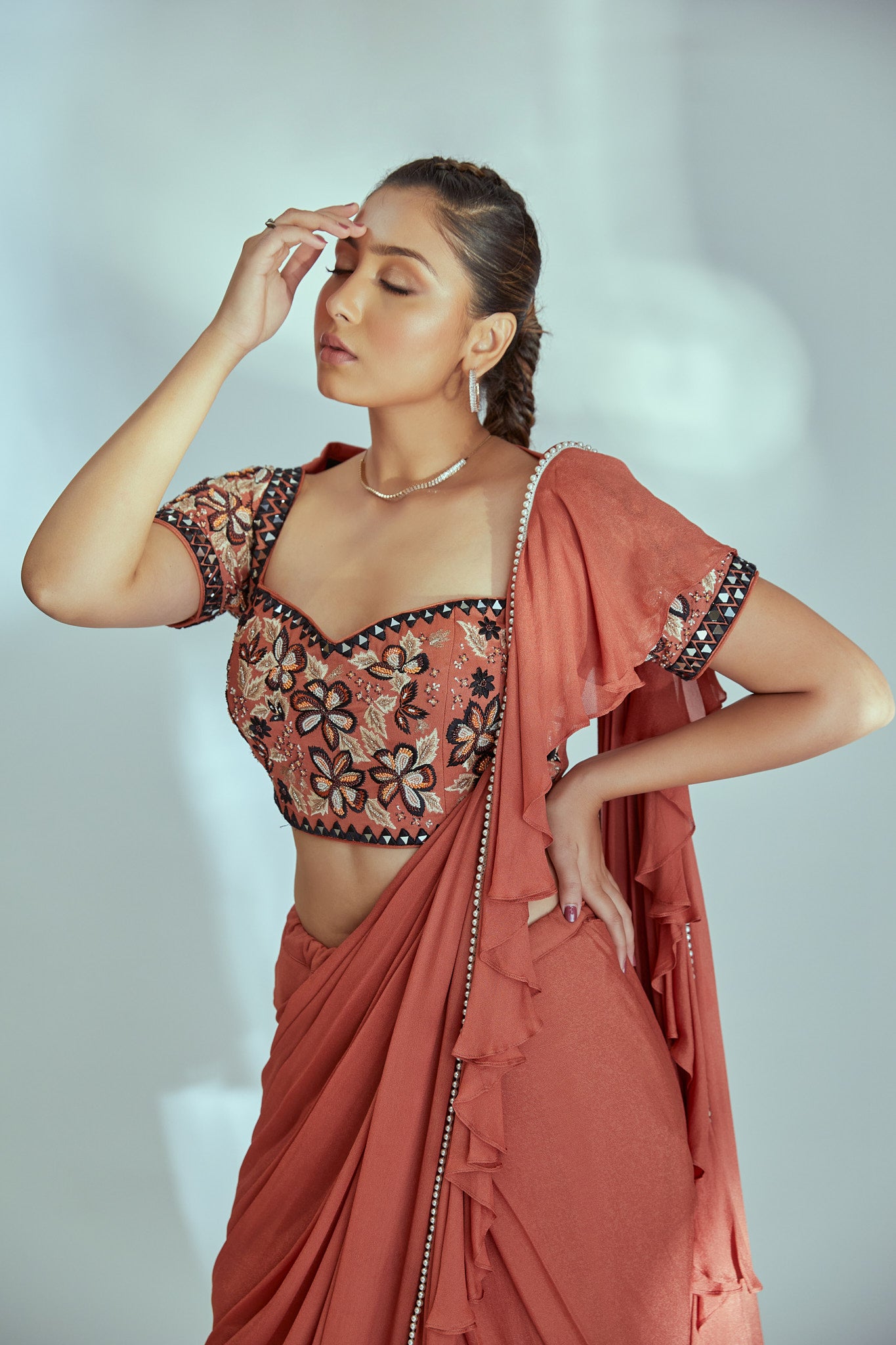 Rust orange pre drape saree