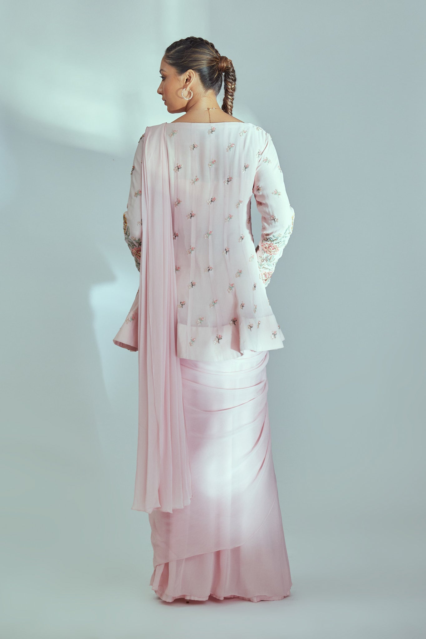 Pink peplum pre drape saree