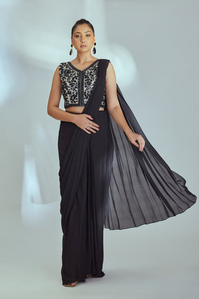 Black pre drape saree