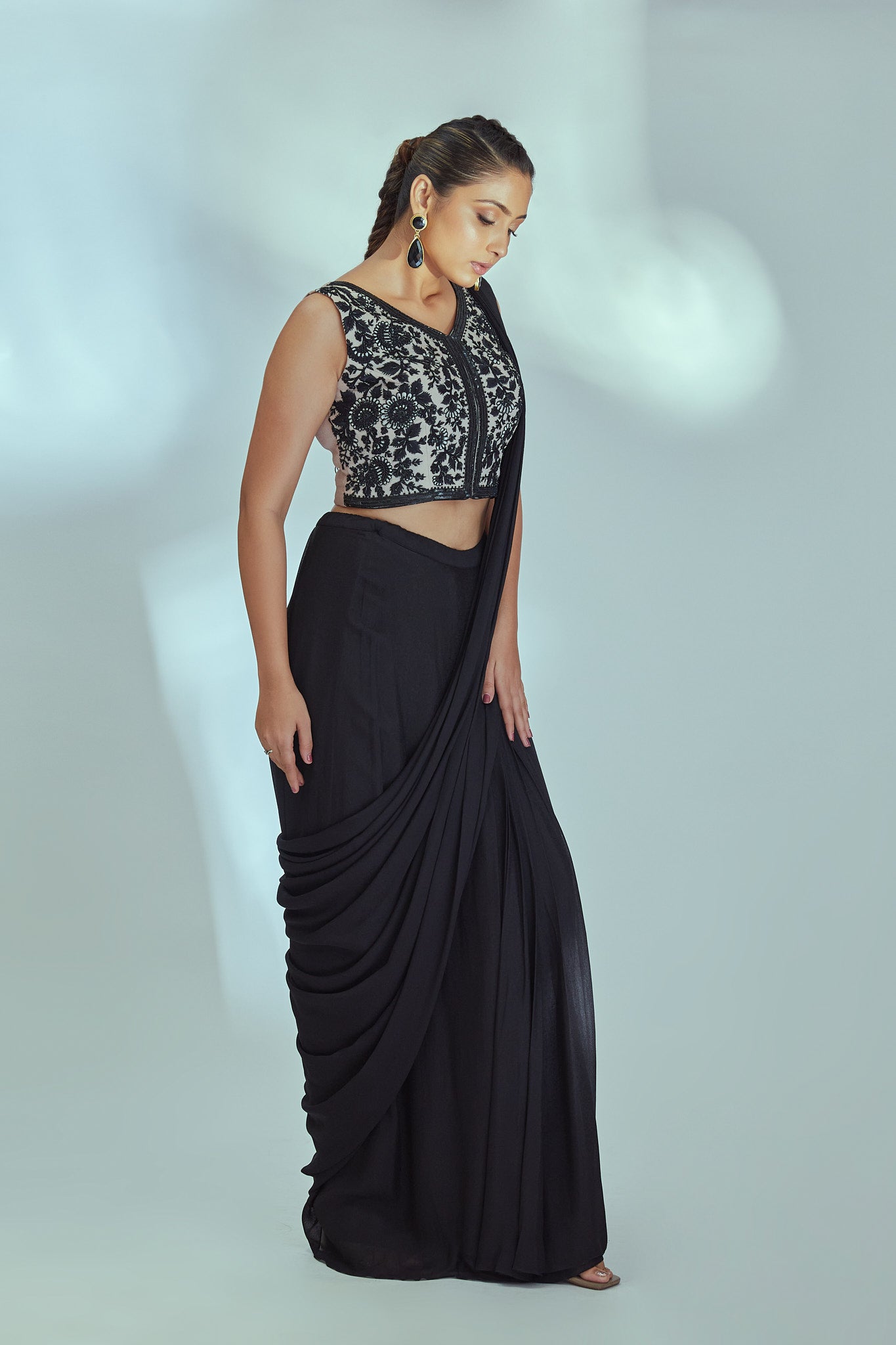 Black pre drape saree