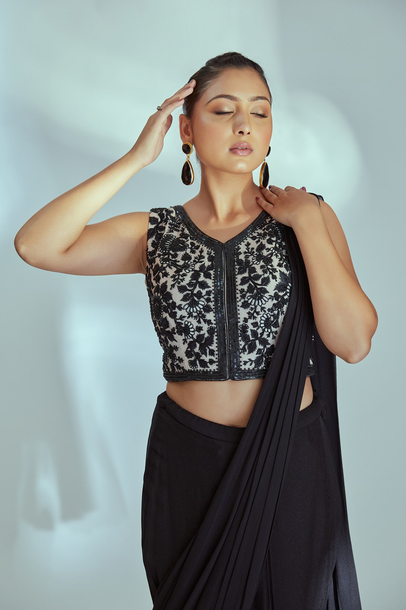 Black pre drape saree